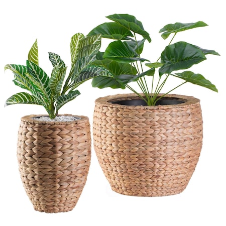 Vintiquewise Water Hyacinth Round Floor Planter with Metal Pot, PK 2 QI003547.2